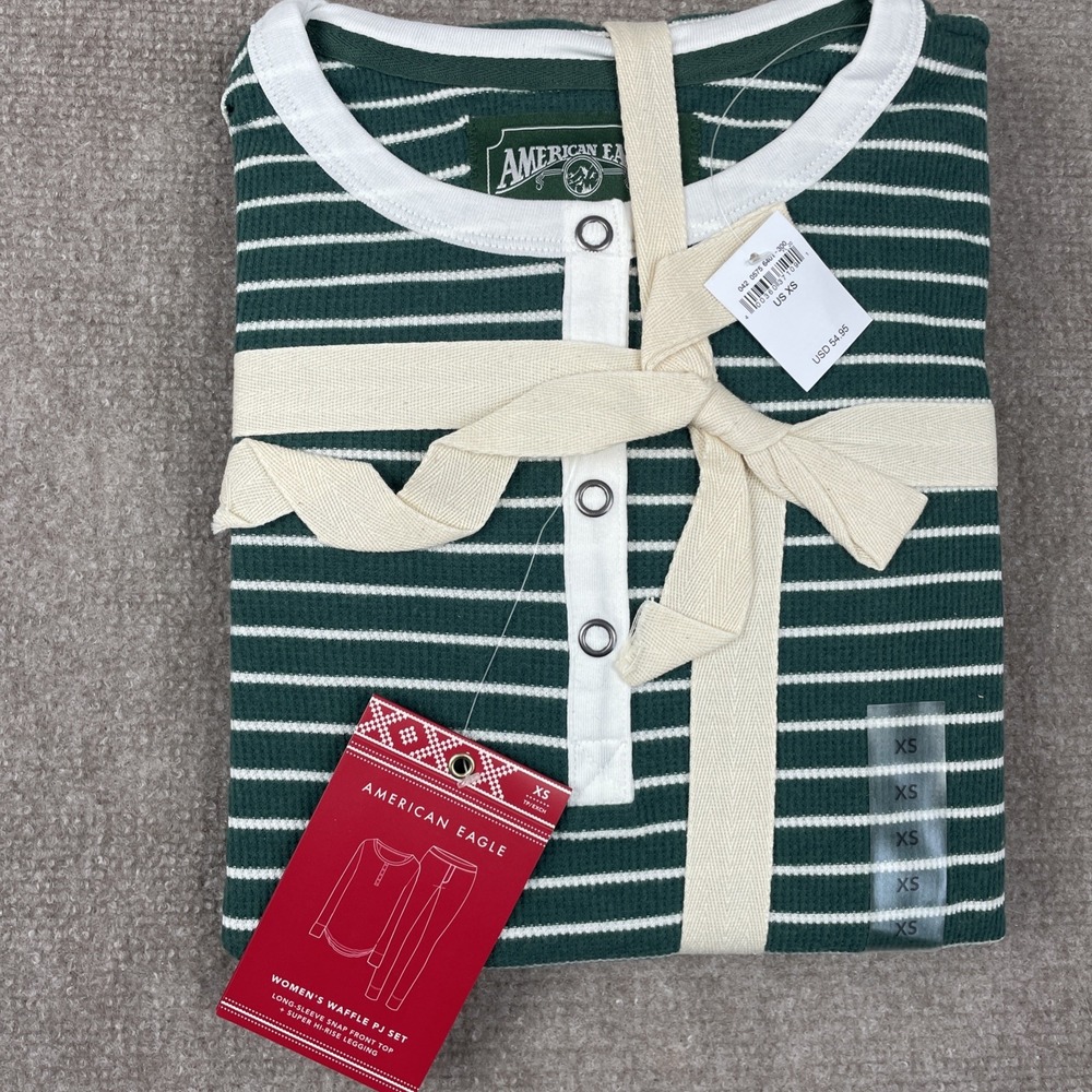 American Eagle Outfitters Green and White Striped Waffle PJ Set Size XS